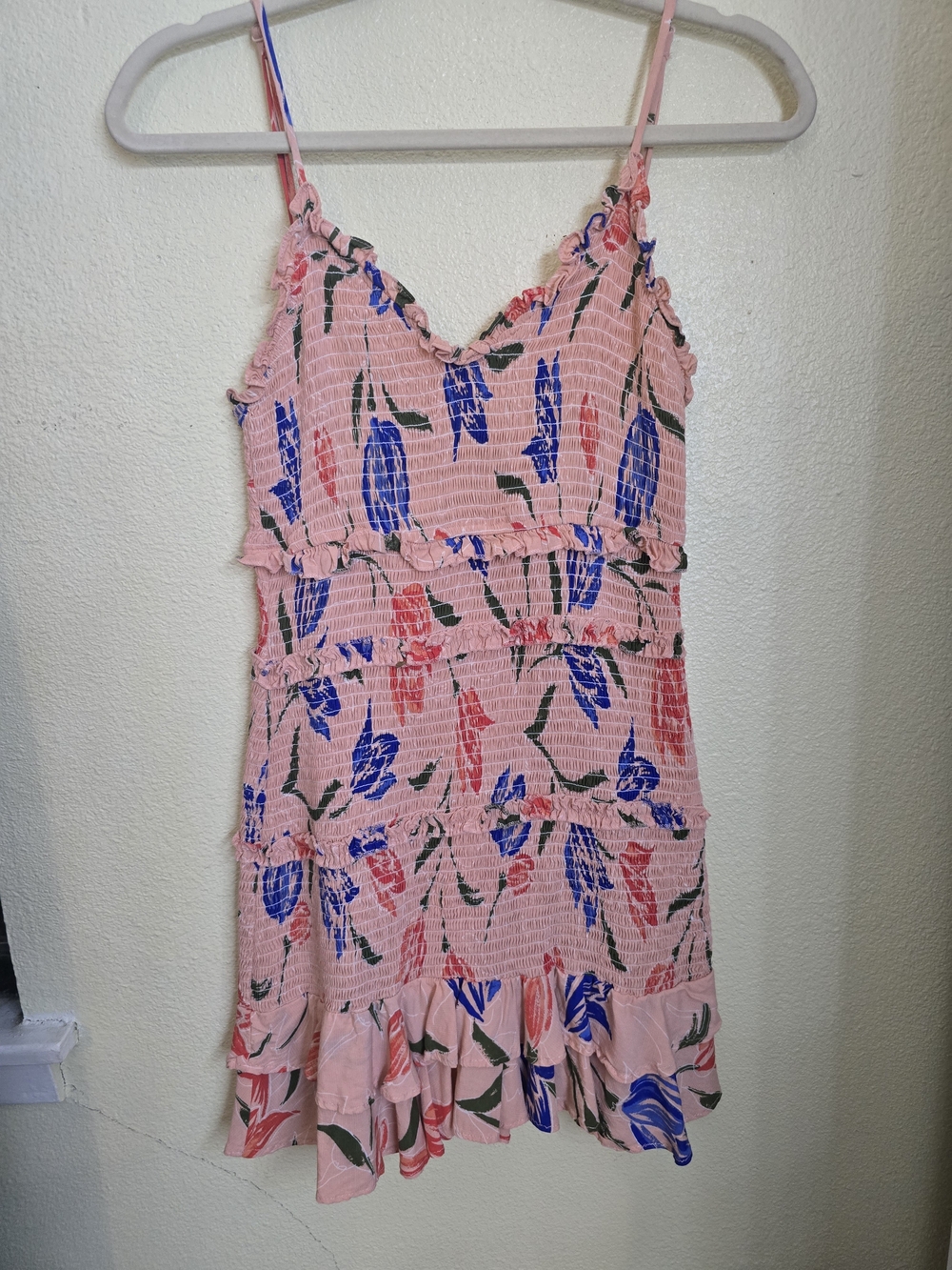 Olivaceous Pink Floral Smocked Mini Dress with Blue & Coral Accents